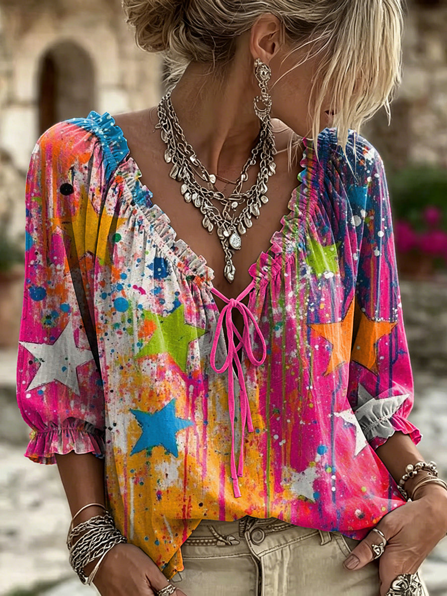 Women's Retro Colorful Star Art Print Casual Long Sleeve V-neck Ruffled Cotton Shirt